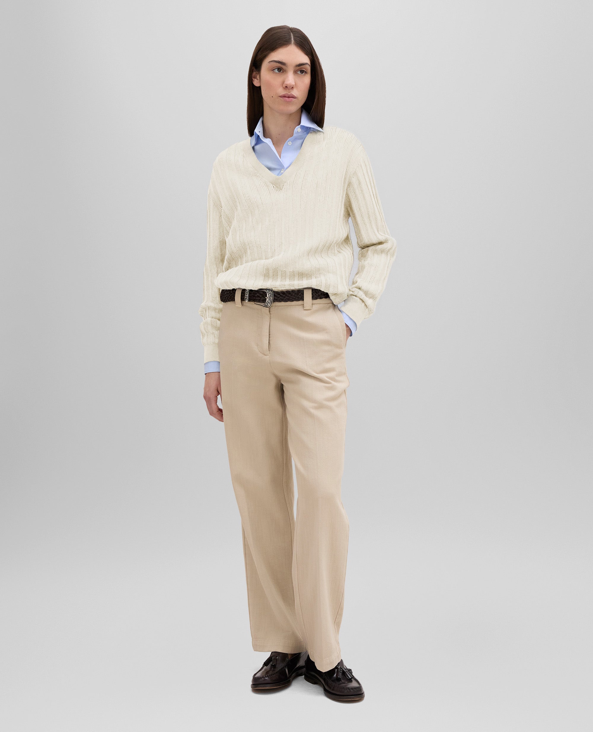 MAGLIA IN LINO E COTONE CON SCOLLO A V-NATURALE-NATURAL-NATURAL-NATURLICH-NATUREL