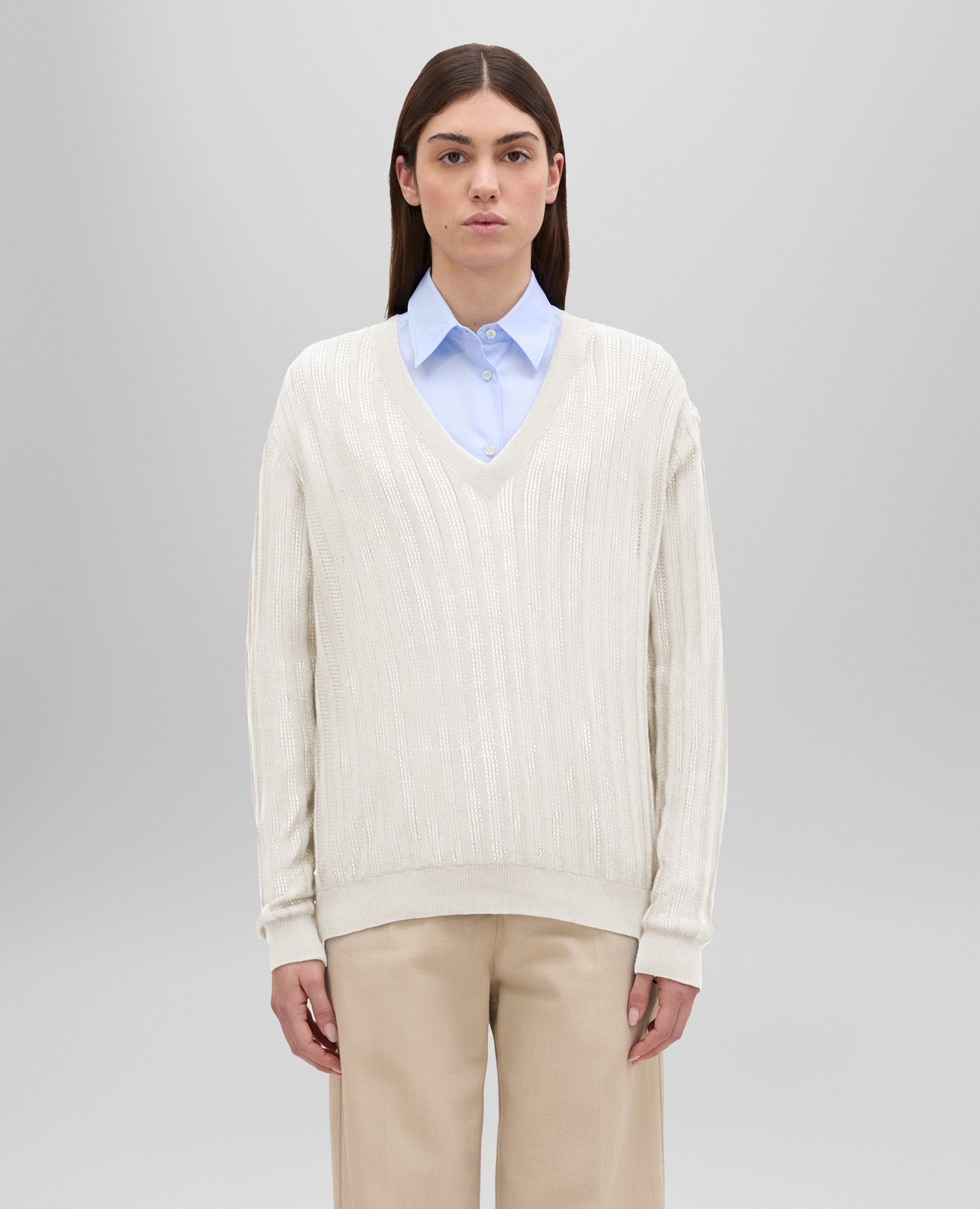 MAGLIA IN LINO E COTONE CON SCOLLO A V-NATURALE-NATURAL-NATURAL-NATURLICH-NATUREL