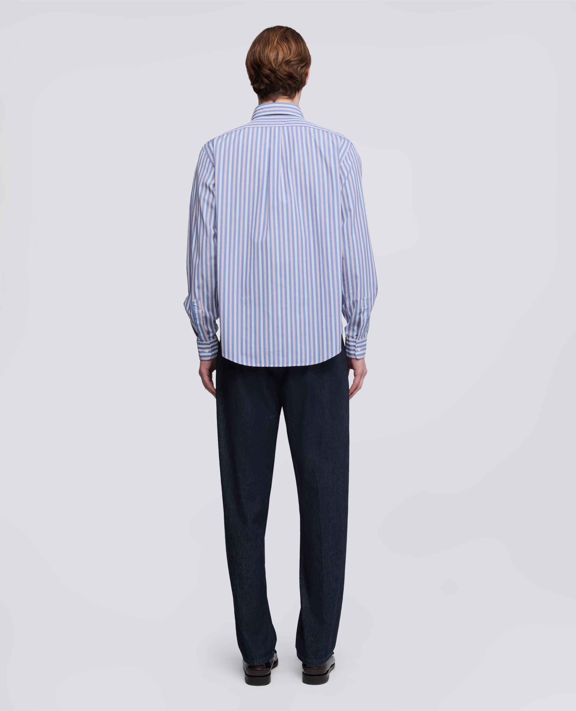 CAMICIA IN POPELINE DI COTONE OXFORD CON COLLO BUTTON DOWN-RIGA BLU-BLUE STRIPE-RAYA AZUL OSCURO-BLAUE STREIFEN-RAYURES BLEUES