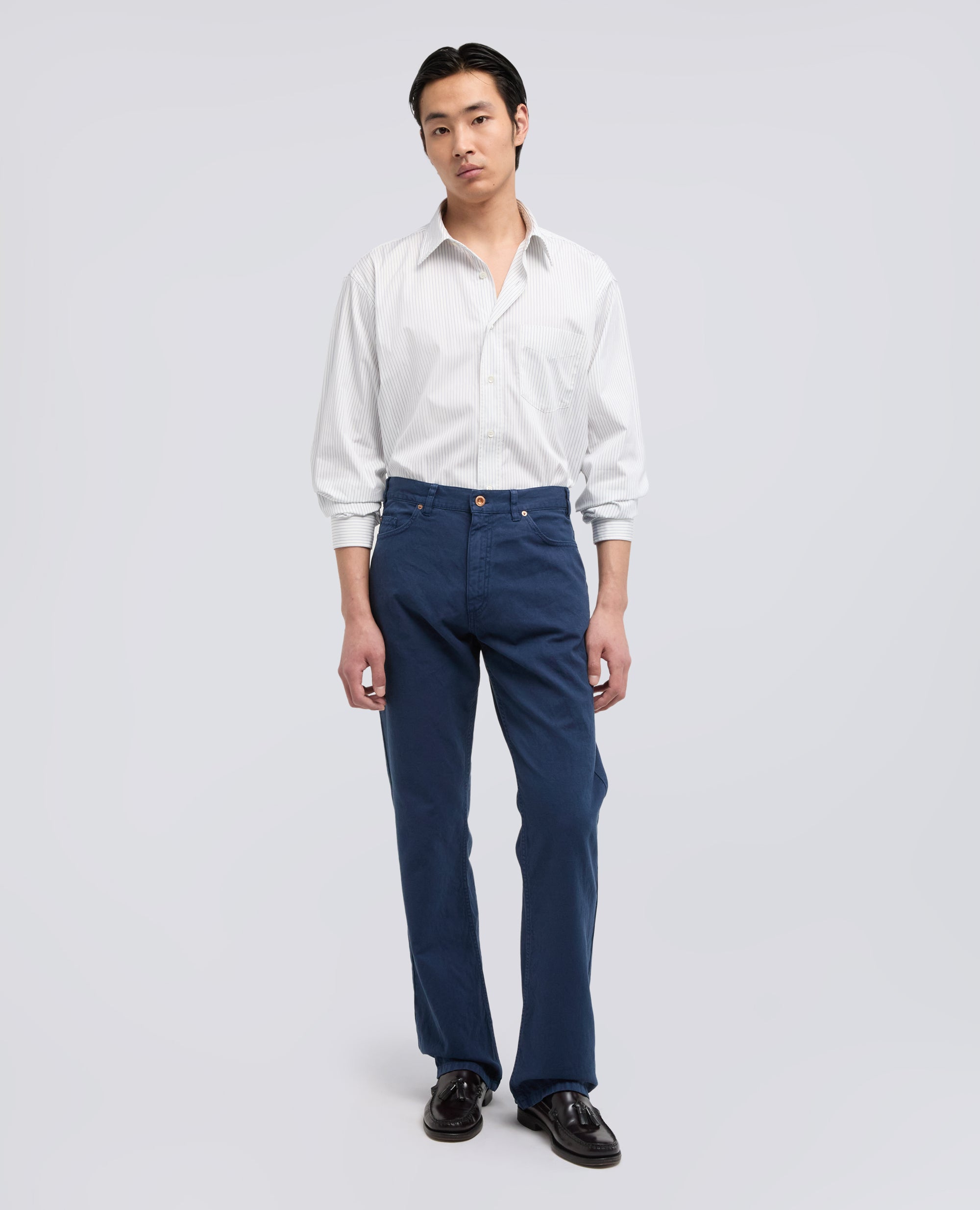 CAMICIA IN CHAMBRAY DI COTONE GIAPPONESE-RIGA BLU-BLUE STRIPE-RAYA AZUL OSCURO-BLAUE STREIFEN-RAYURES BLEUES