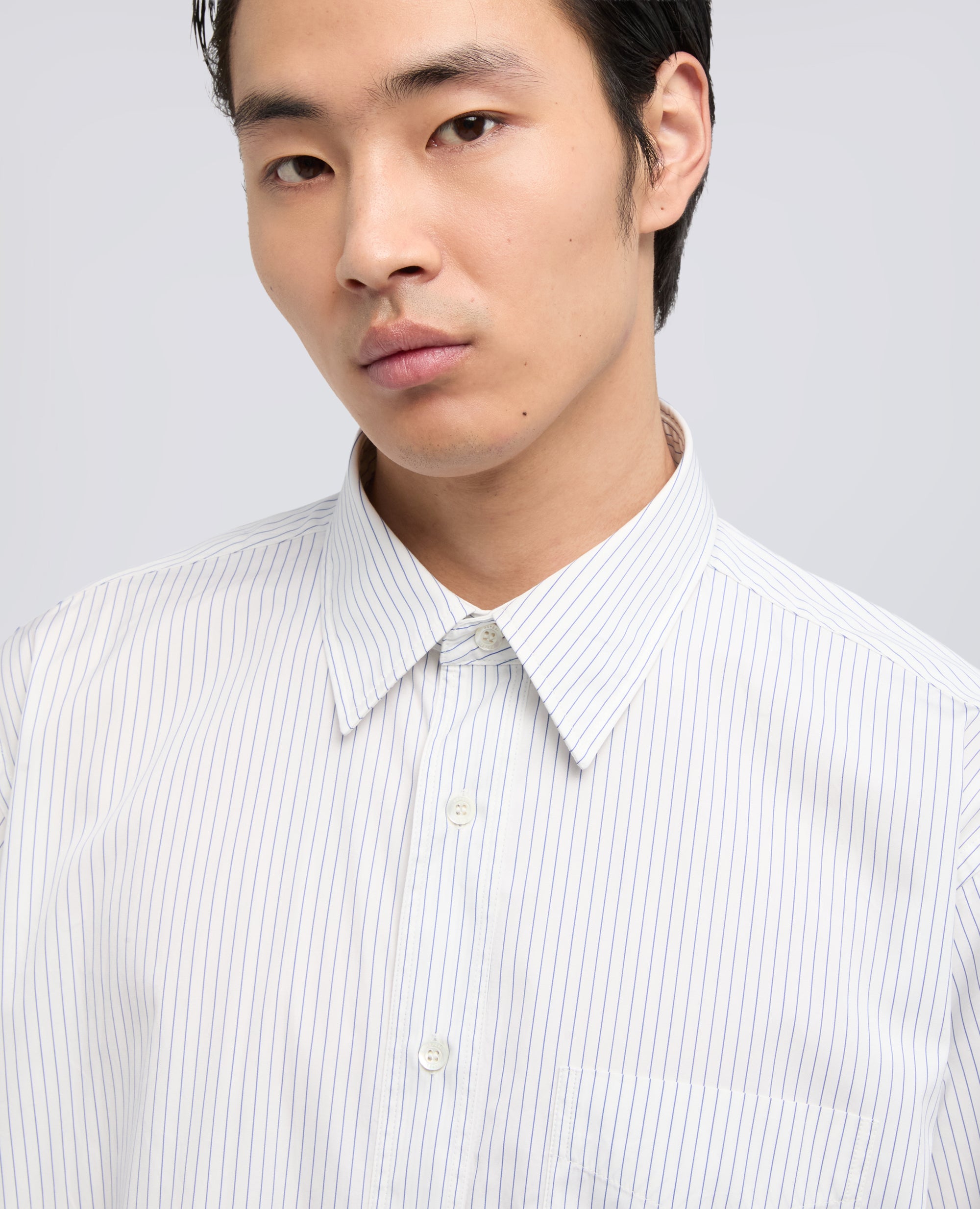 CAMICIA IN CHAMBRAY DI COTONE GIAPPONESE-RIGA BLU-BLUE STRIPE-RAYA AZUL OSCURO-BLAUE STREIFEN-RAYURES BLEUES