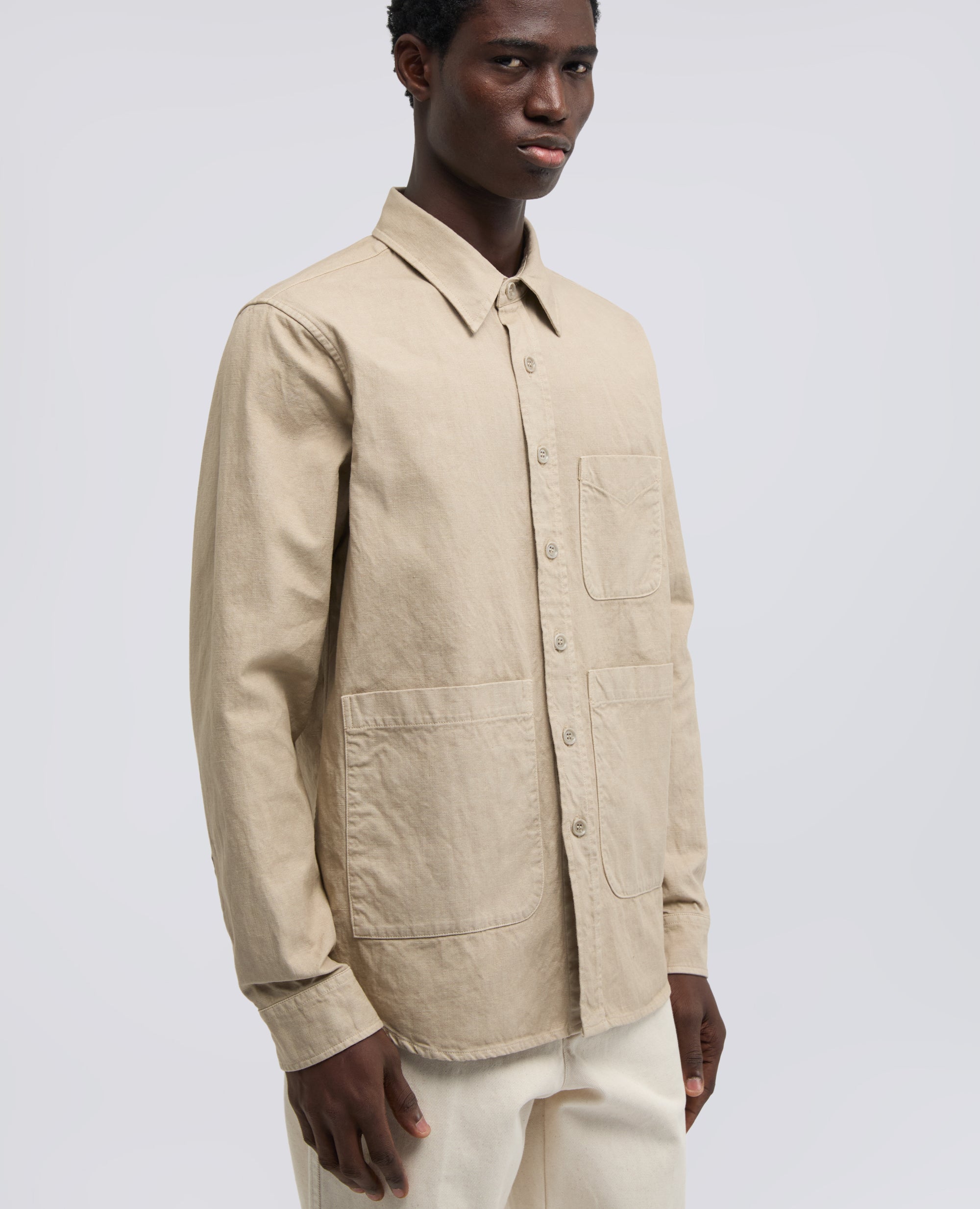 CAMICIA UTILITY IN GABARDINA DI COTONE-LINO-BEIGE-BEIGE-BEIS-BEIGE-BEIGE
