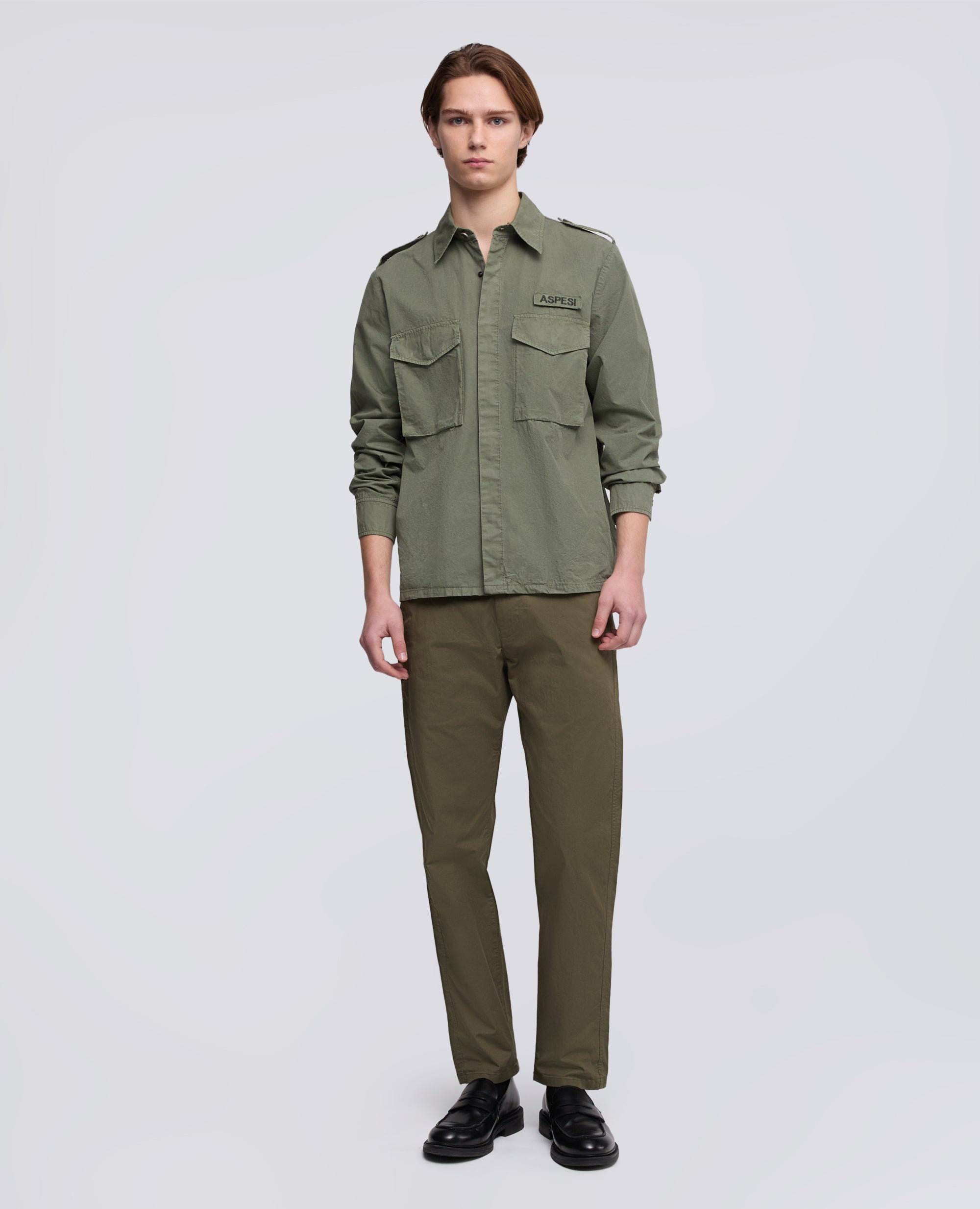 PANTALONE CHINO IN GABARDINA DI COTONE E LINO-MILITARE-MILITARY-MILITAR-MILITAR-MILITAIRE