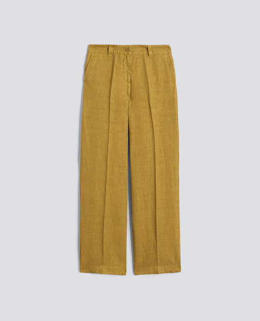 PANTALONE IN LINO FIAMMATO COMPATTO TINTO CAPO-SENAPE-MUSTARD YELLOW-MOSTAZA-SENF-MOUTARDE
