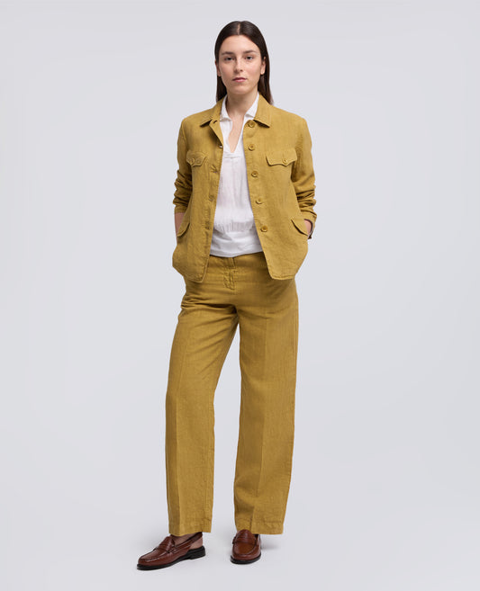 PANTALONE IN LINO FIAMMATO COMPATTO TINTO CAPO-SENAPE-MUSTARD YELLOW-MOSTAZA-SENF-MOUTARDE