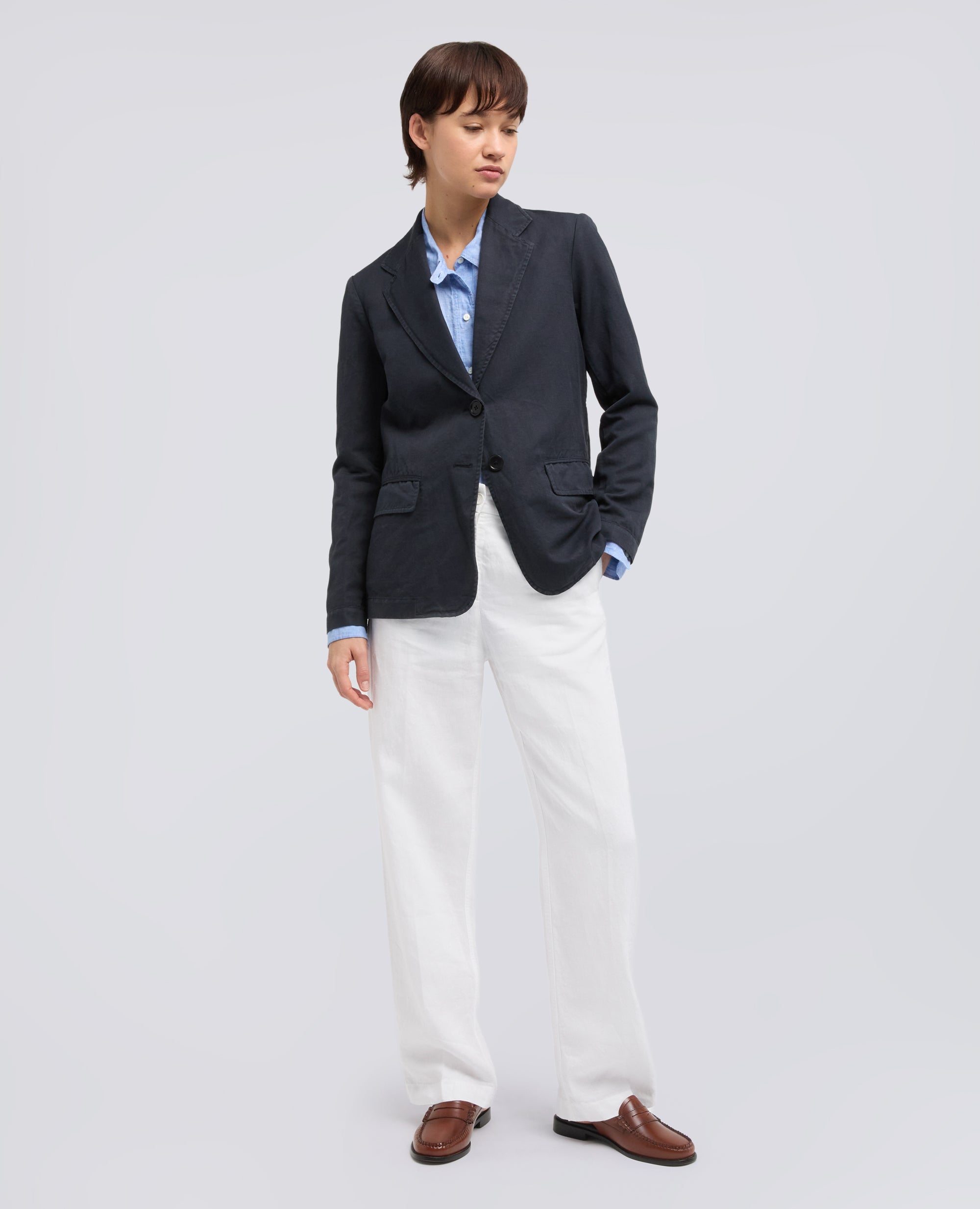 GIACCA MONOPETTO DECOSTRUITA IN GABARDINA COTONE E LINO TINTO CAPO-NAVY-NAVY-AZUL MARINO-NAVY-NAVY