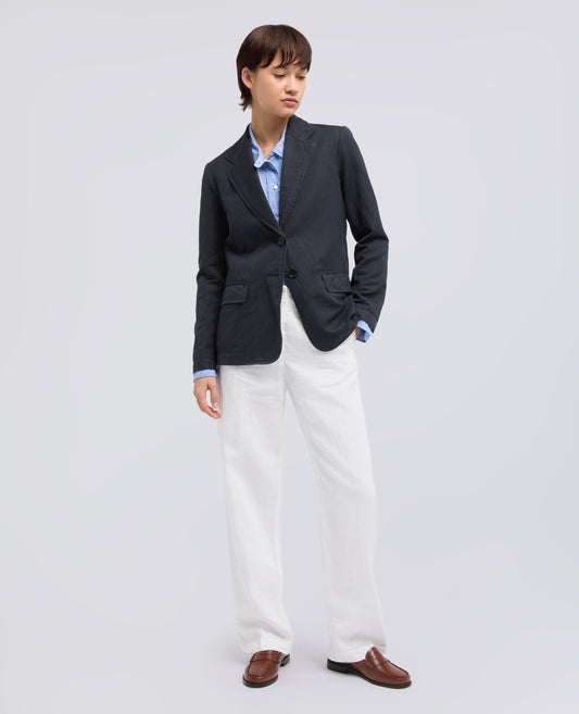 GIACCA MONOPETTO DECOSTRUITA IN GABARDINA COTONE E LINO TINTO CAPO-NAVY-NAVY-AZUL MARINO-NAVY-NAVY