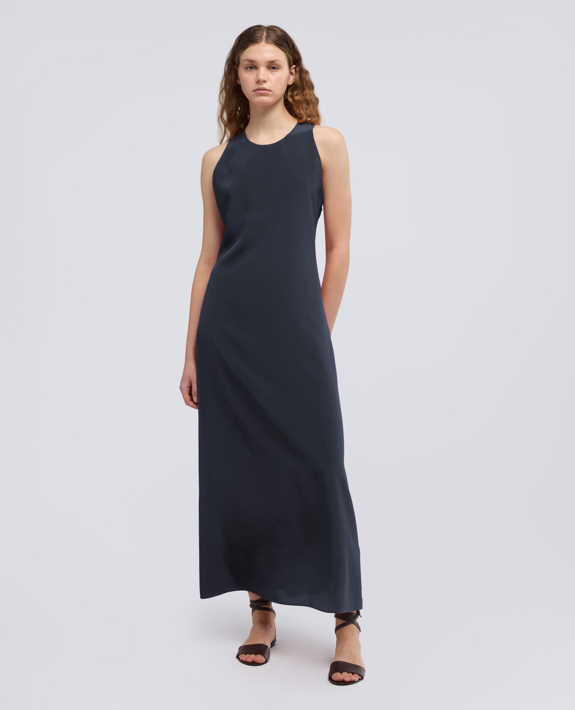 ABITO LUNGO IN CREPE DE CHINE DI SETA-NAVY-NAVY-AZUL MARINO-NAVY-NAVY