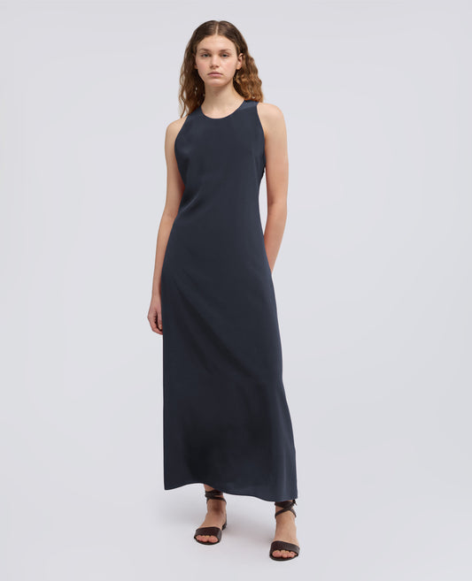 ABITO LUNGO IN CREPE DE CHINE DI SETA-NAVY-NAVY-AZUL MARINO-NAVY-NAVY