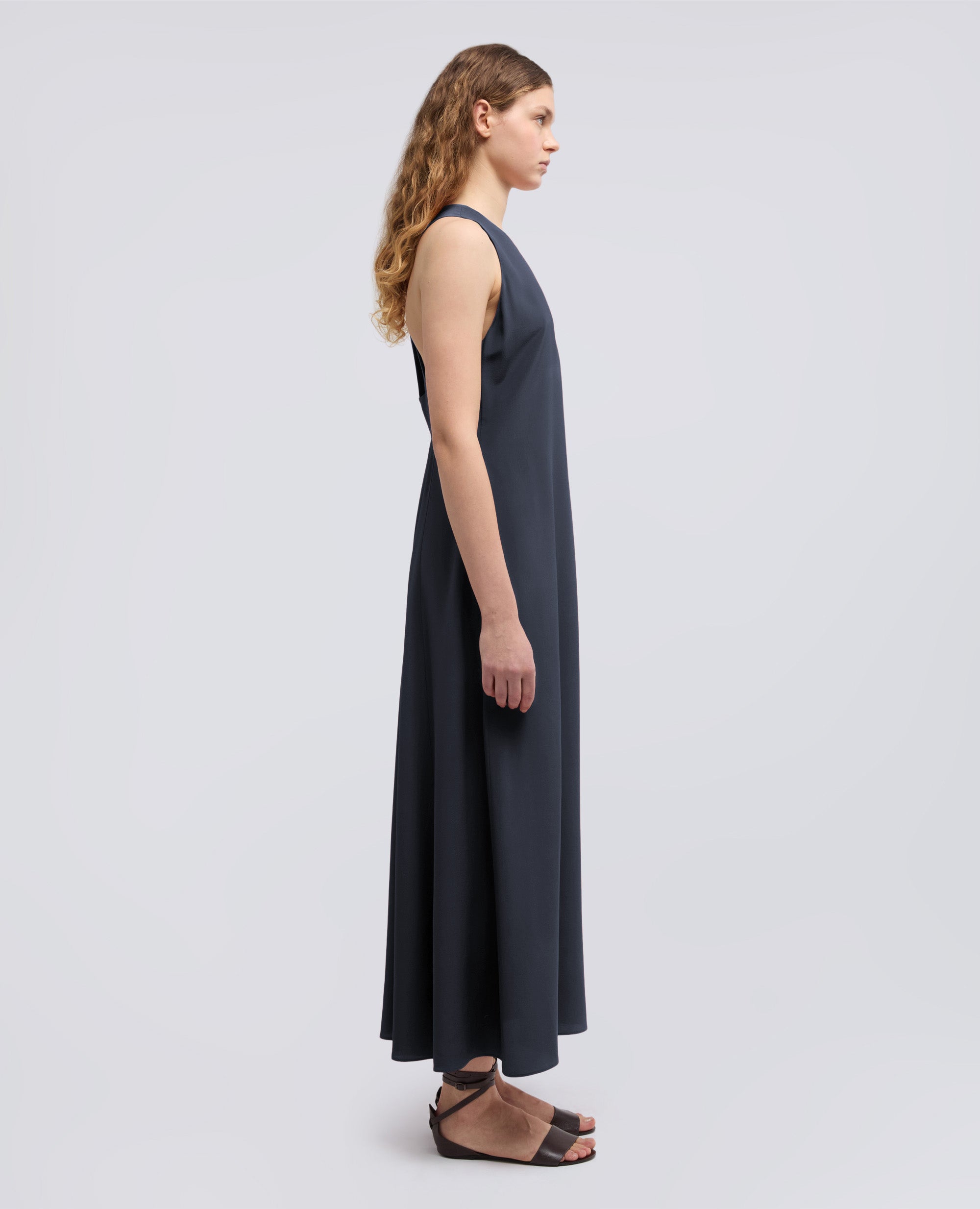 ABITO LUNGO IN CREPE DE CHINE DI SETA-NAVY-NAVY-AZUL MARINO-NAVY-NAVY