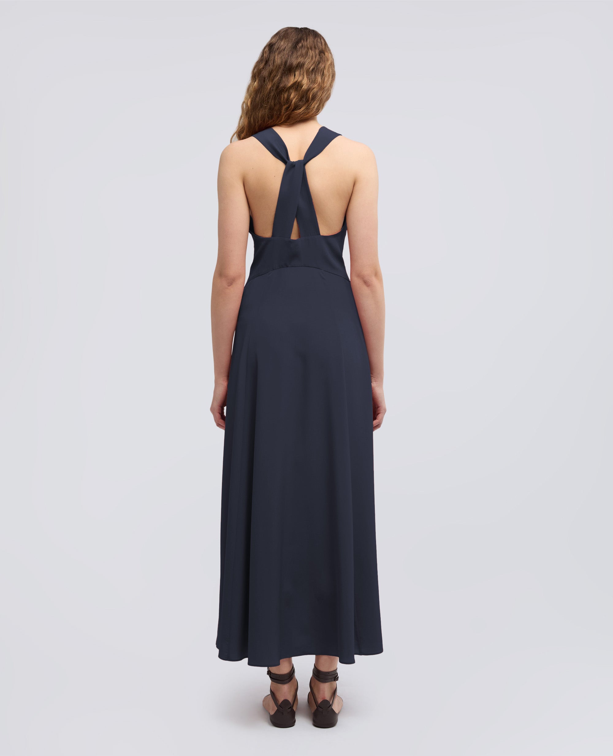 ABITO LUNGO IN CREPE DE CHINE DI SETA-NAVY-NAVY-AZUL MARINO-NAVY-NAVY