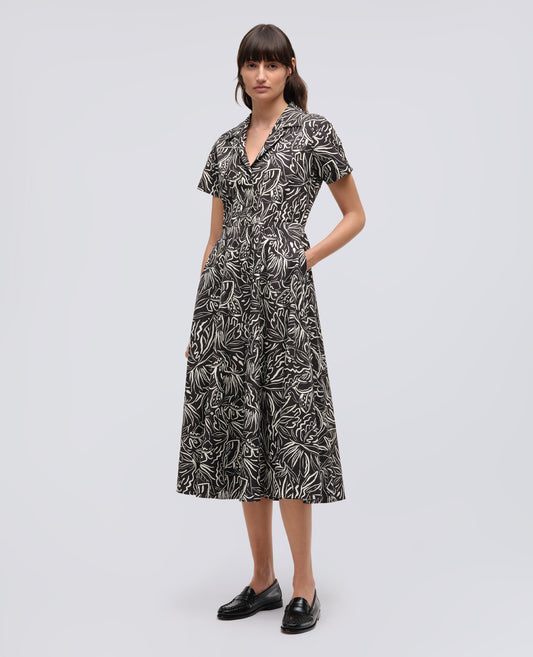 ABITO IN POPELINE DI COTONE STAMPATO-STAMPA NERA-BLACK PRINT-ESTAMPADO NEGRO-PRINT SCHWARZ-IMPRIMÉ NOIR