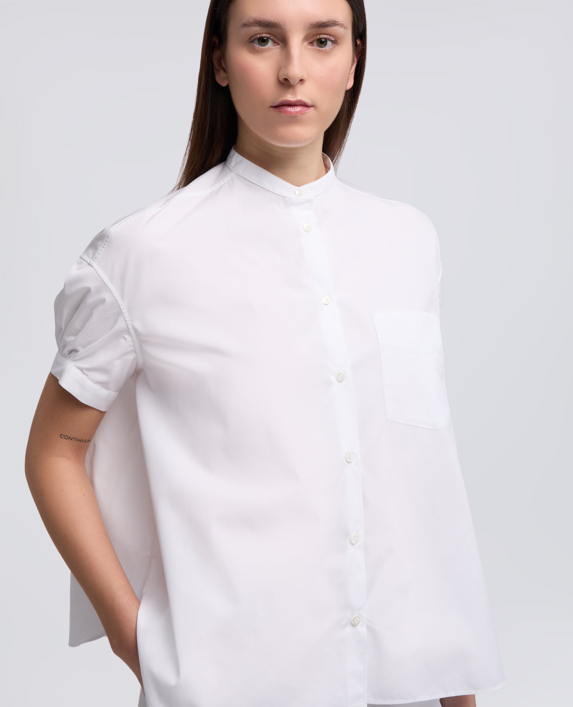 CAMICIA IN POPELINE DI PURO COTONE CON COLLO ALLA COREANA-BIANCO-WHITE-BLANCO-WEISS-BLANC