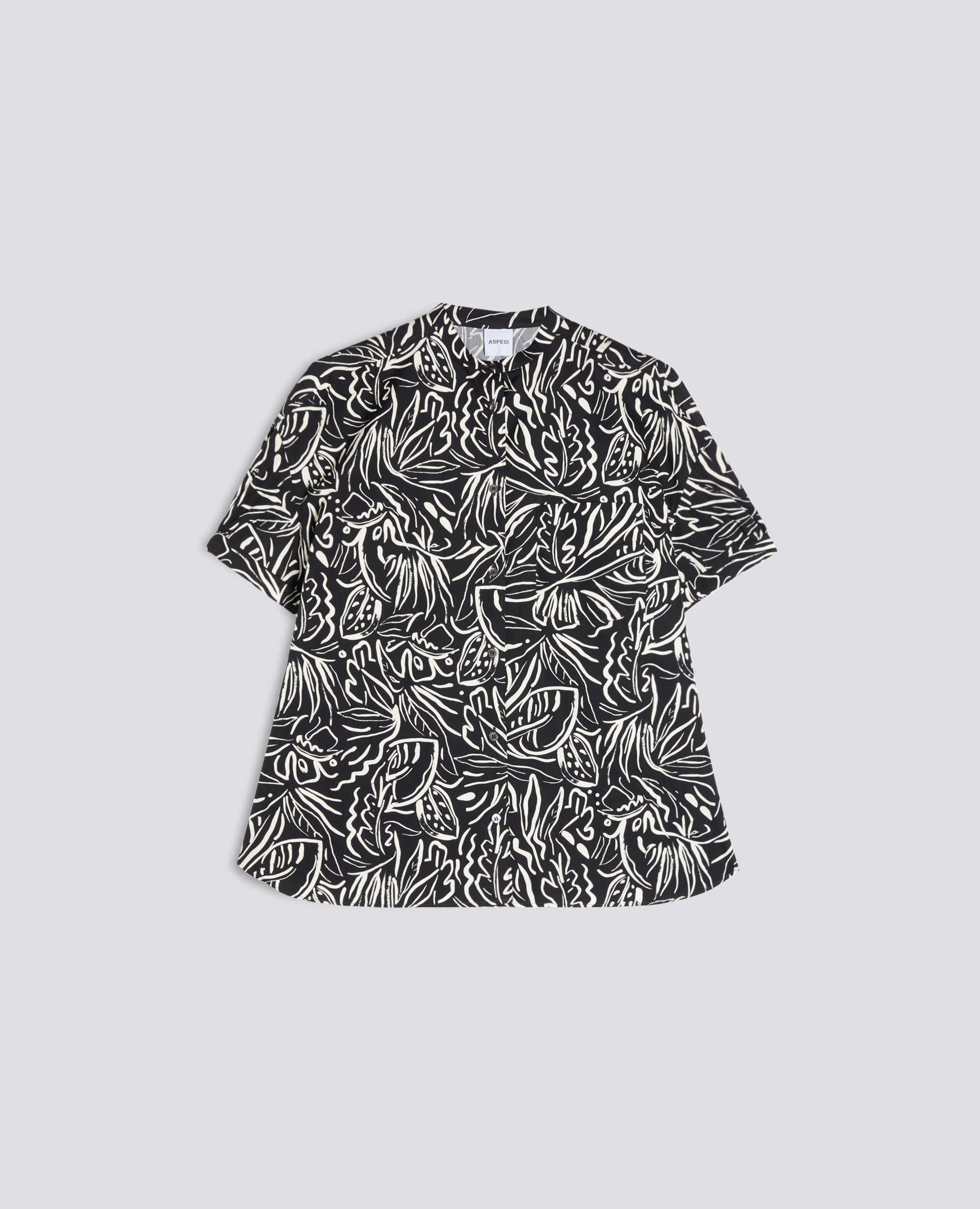 CAMICIA IN POPELINE DI COTONE CON COLLO ALLA COREANA-STAMPA NERA-BLACK PRINT-ESTAMPADO NEGRO-PRINT SCHWARZ-IMPRIMÉ NOIR