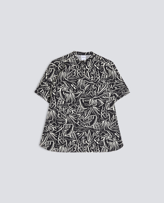 CAMICIA IN POPELINE DI COTONE CON COLLO ALLA COREANA-STAMPA NERA-BLACK PRINT-ESTAMPADO NEGRO-PRINT SCHWARZ-IMPRIMÉ NOIR