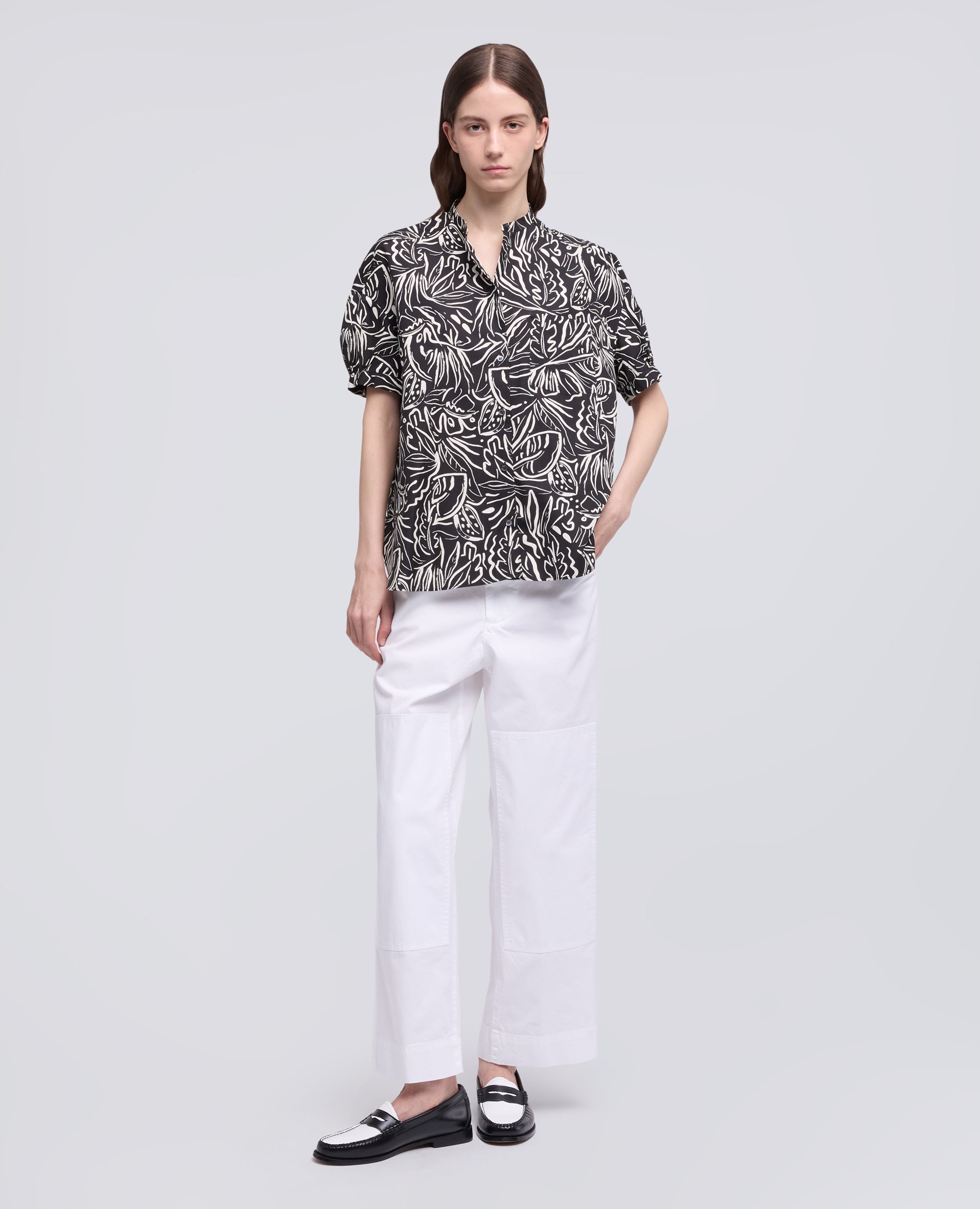 CAMICIA IN POPELINE DI COTONE CON COLLO ALLA COREANA-STAMPA NERA-BLACK PRINT-ESTAMPADO NEGRO-PRINT SCHWARZ-IMPRIMÉ NOIR