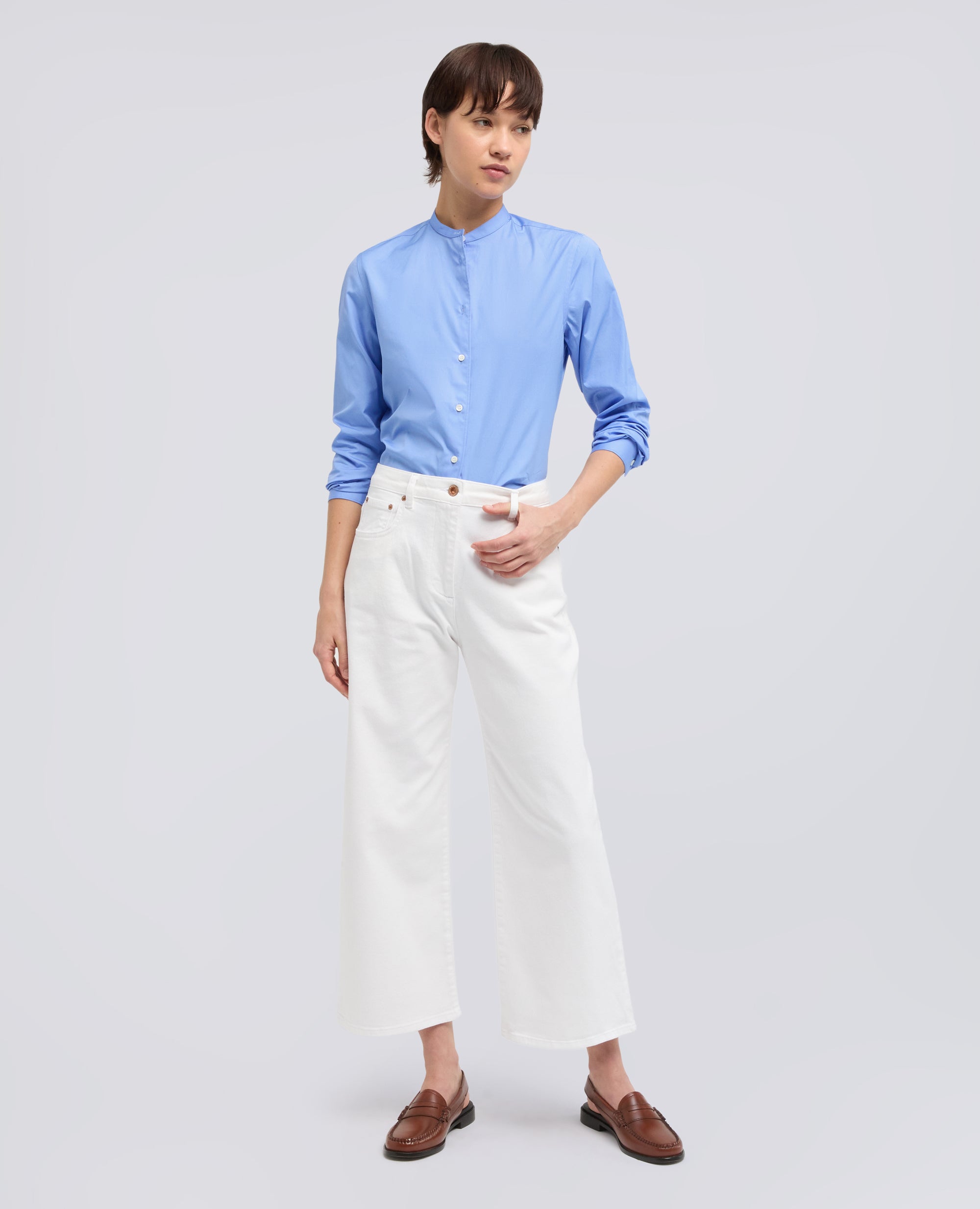 CAMICIA CLASSICA IN POPELINE DI COTONE-AZZURRO-SKY BLUE-AZUL CLARO-HIMMELBLAU-BLEU CIEL