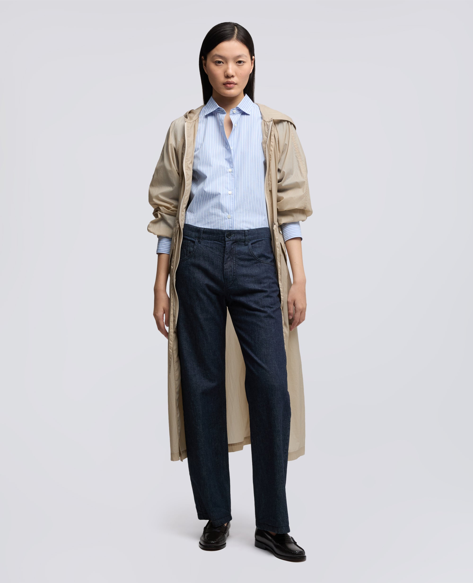 CAMICIA IN POPELINE DI COTONE RIGATO-RIGA BLU-BLUE STRIPE-RAYA AZUL OSCURO-BLAUE STREIFEN-RAYURES BLEUES