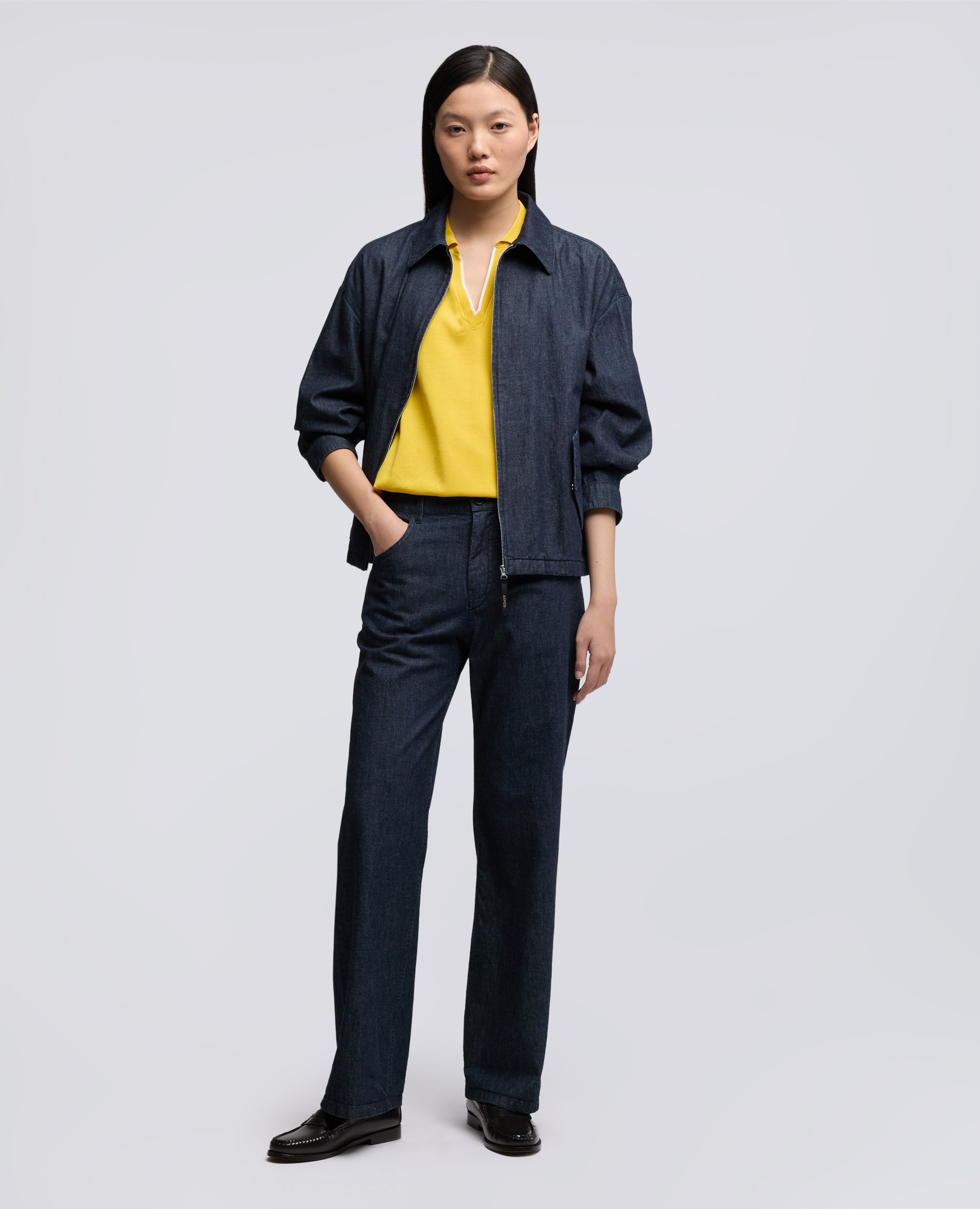 MAGLIA SCOLLO A V CON COLLETTO IN FILATO DI PURO COTONE-GIALLO-YELLOW-AMARILLO-GELB-JAUNE