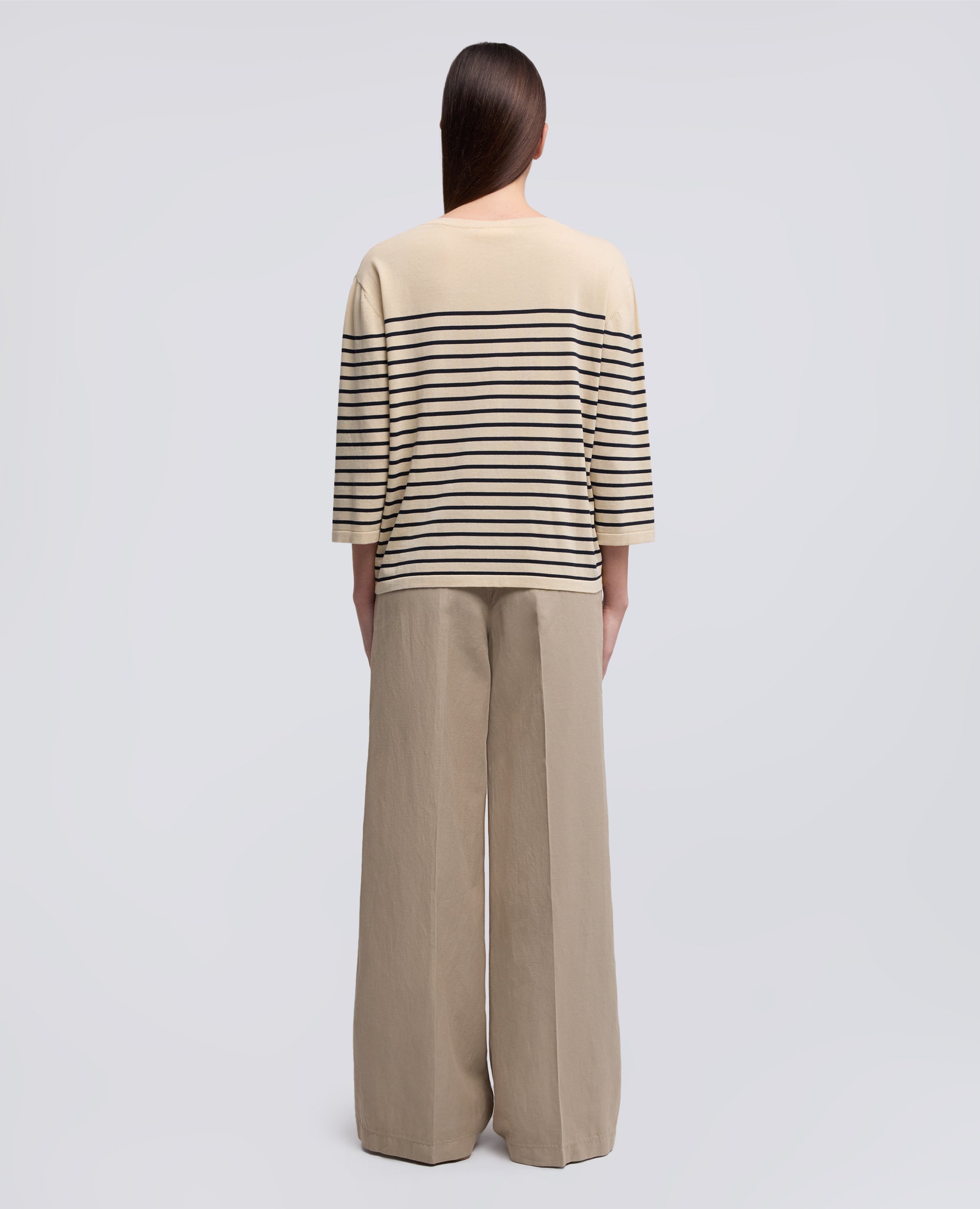 MAGLIA SCOLLO A BARCHETTA IN FILATO DI PURO COTONE RIGATO-RIGA BLU-BLUE STRIPE-RAYA AZUL OSCURO-BLAUE STREIFEN-RAYURES BLEUES