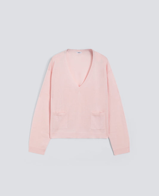 MAGLIA A MANICHE LUNGHE CON SCOLLO A "V" IN FILATO DI SETA, COTONE E CASHMERE-ROSA-PINK-ROSA-ROSA-ROSE