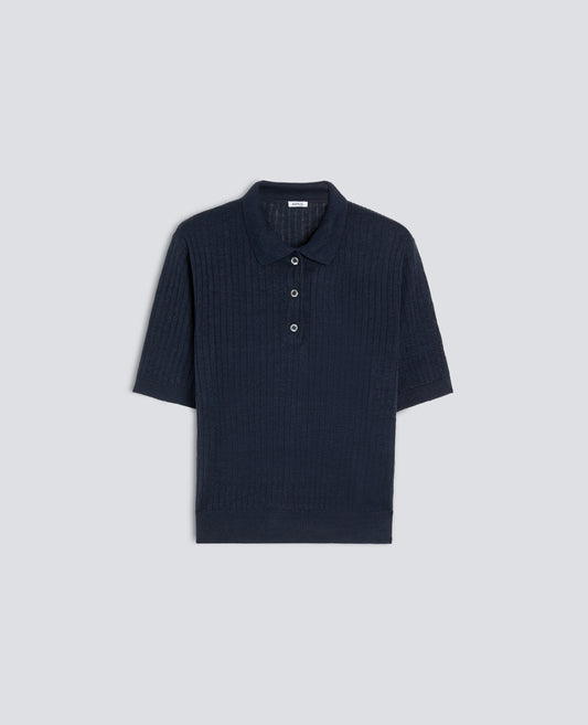 POLO A MANICHE CORTE IN FILATO DI PURO LINO-BLU-BLUE-AZUL-BLAU-BLEU