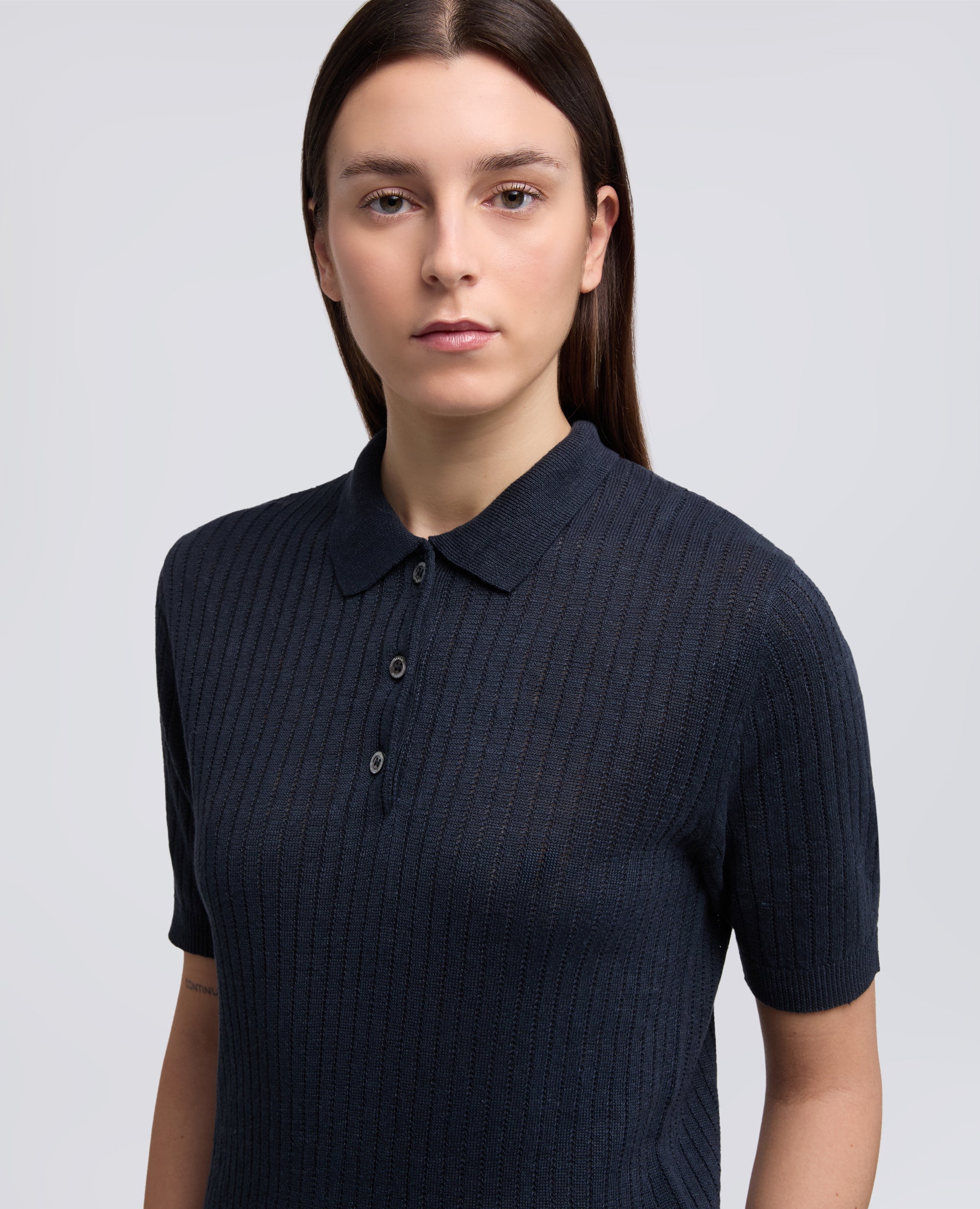 POLO A MANICHE CORTE IN FILATO DI PURO LINO-BLU-BLUE-AZUL-BLAU-BLEU