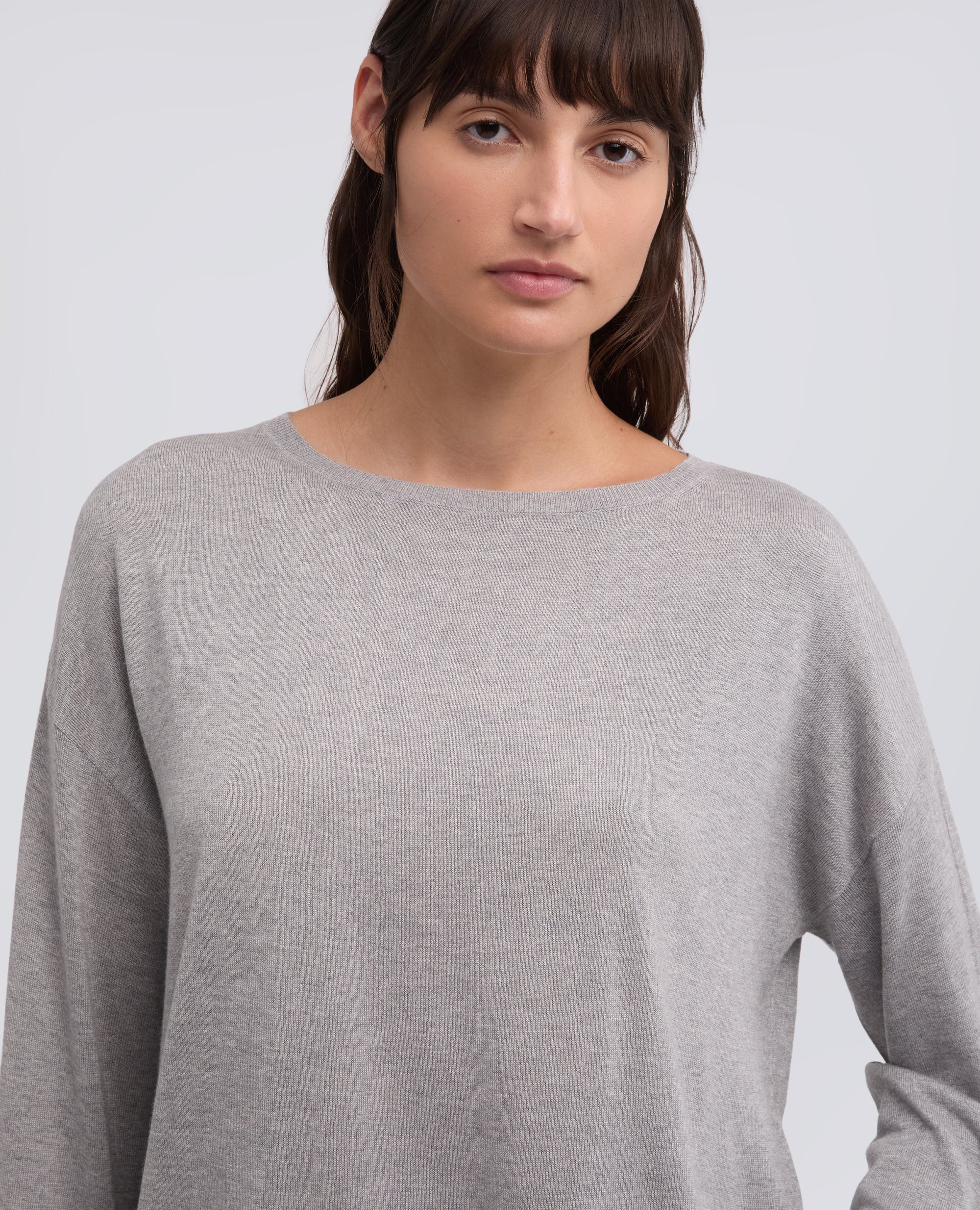 MAGLIA A MANICHE LUNGHE IN MISTO SETA, COTONE E CASHMERE-GRIGIO-GREY-GRIS-GRAU-GRIS