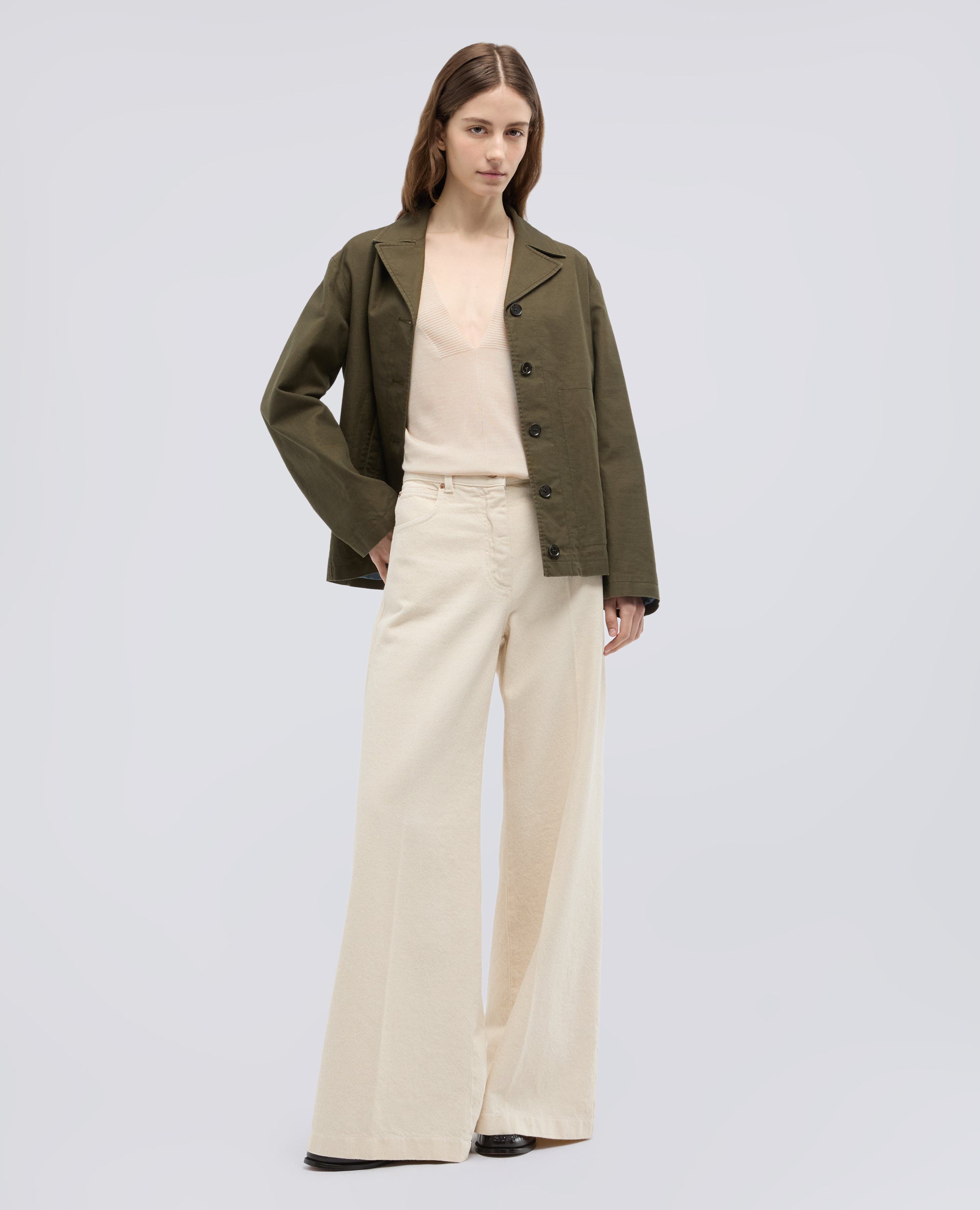 MAGLIA CON SCOLLO A V IN LANA E SETA-SABBIA-SAND-ARENA-SAND-SABLE