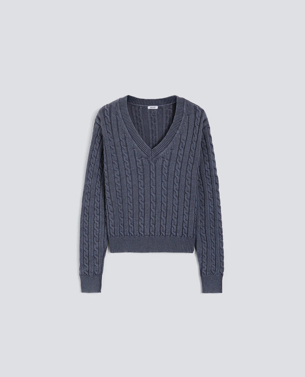 MAGLIA CON TRECCE IN COTONE STONE WASHED-BLU-BLUE-AZUL-BLAU-BLEU