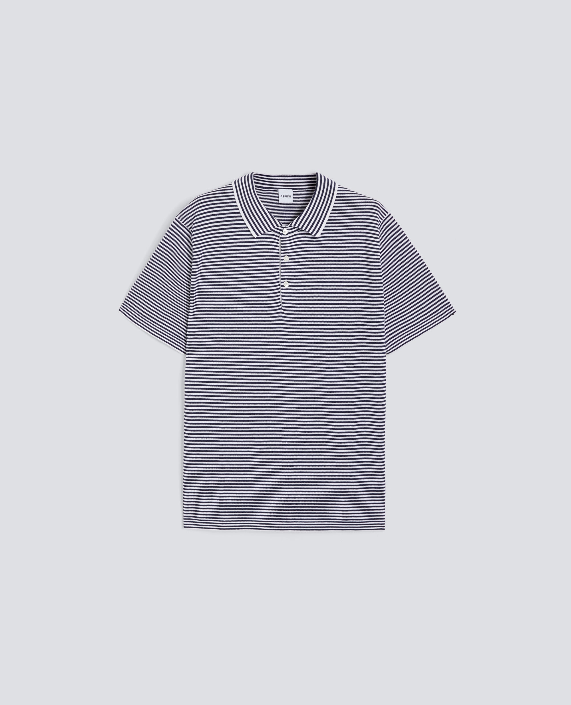 POLO IN MAGLIA DI COTONE, SETA E LINO-RIGA BLU-BLUE STRIPE-RAYA AZUL OSCURO-BLAUE STREIFEN-RAYURES BLEUES