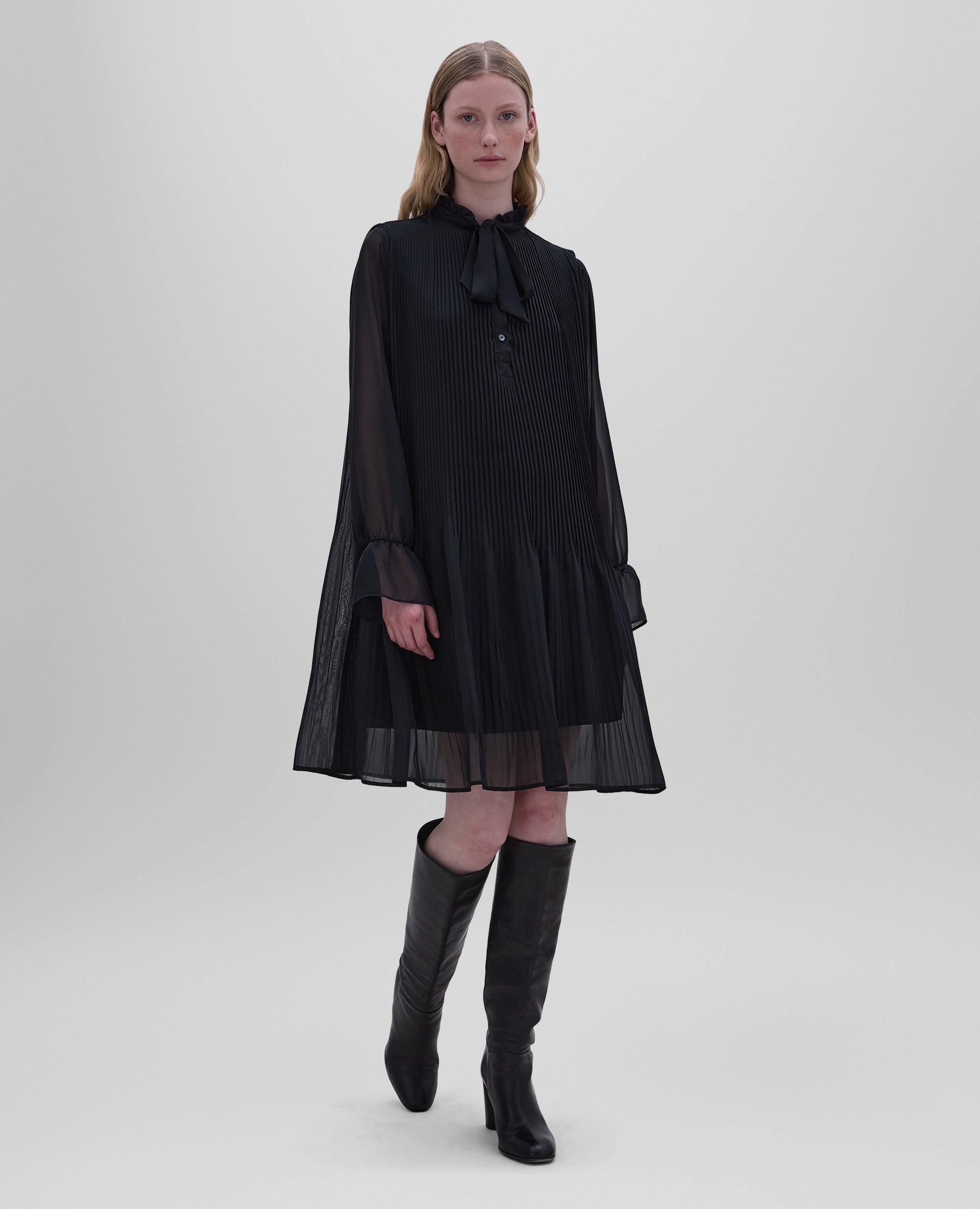 ABITO CORTO IN CREPE GEORGETTE-NERO-BLACK-NEGRO-SCHWARZ-NOIR