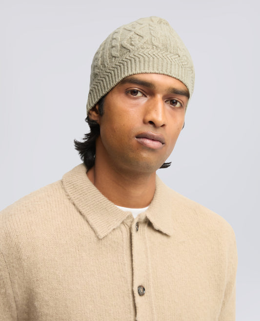 WOOL AND YAK BEANIE WITH CABLE AND ARGYLE KNIT - GREEN - ASPESI