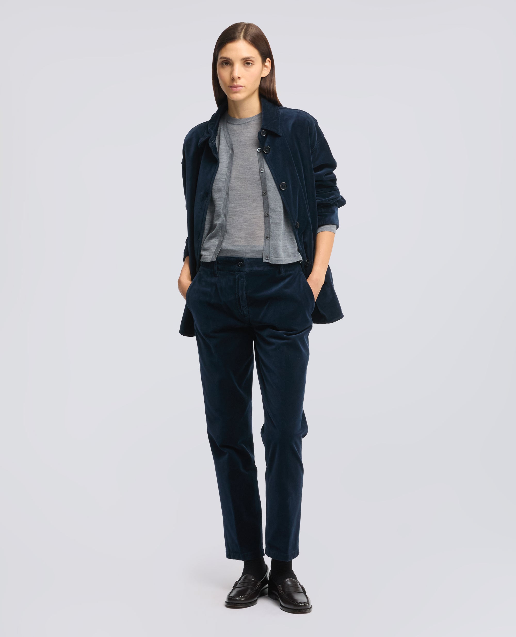PANTALONE IN VELLUTO LISCIO DI COTONE TINTO CAPO - NAVY - ASPESI