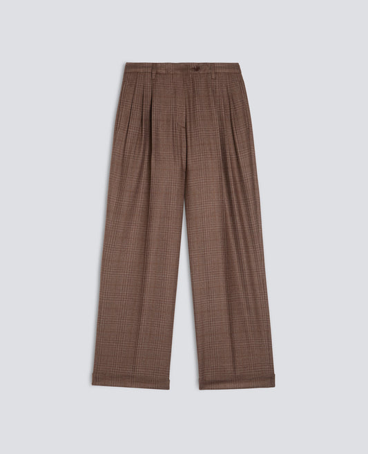 PANTALONE IN TELA DI SETAE LANA VERGINE - KARIERT BRAUN