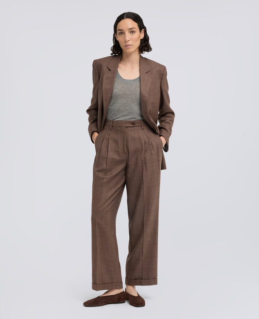PANTALONE IN TELA DI SETAE LANA VERGINE - KARIERT BRAUN