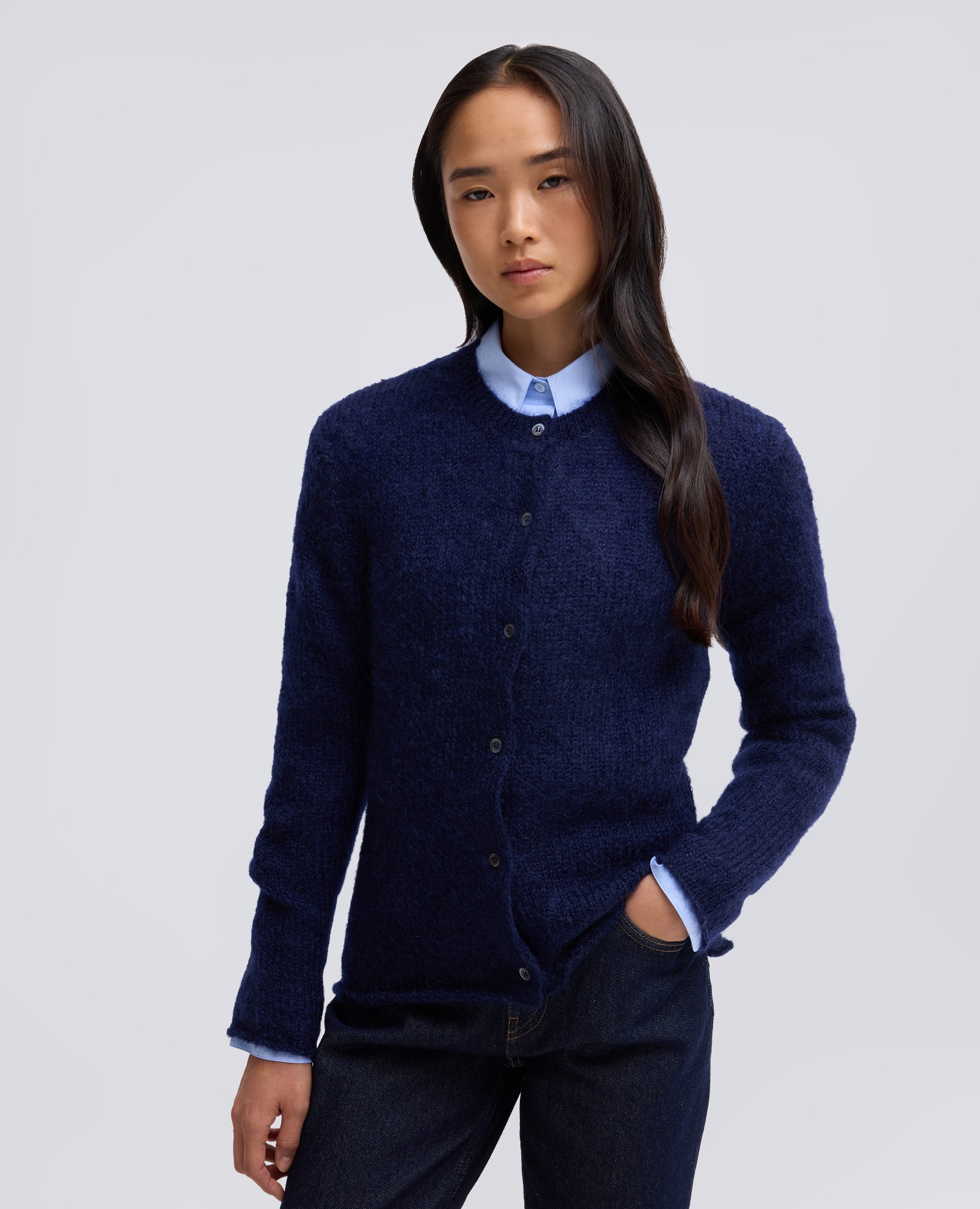 RUNDHALS-STRICKJACKE AUS MOHAIR-WOLL-STRICK - BLU - ASPESI