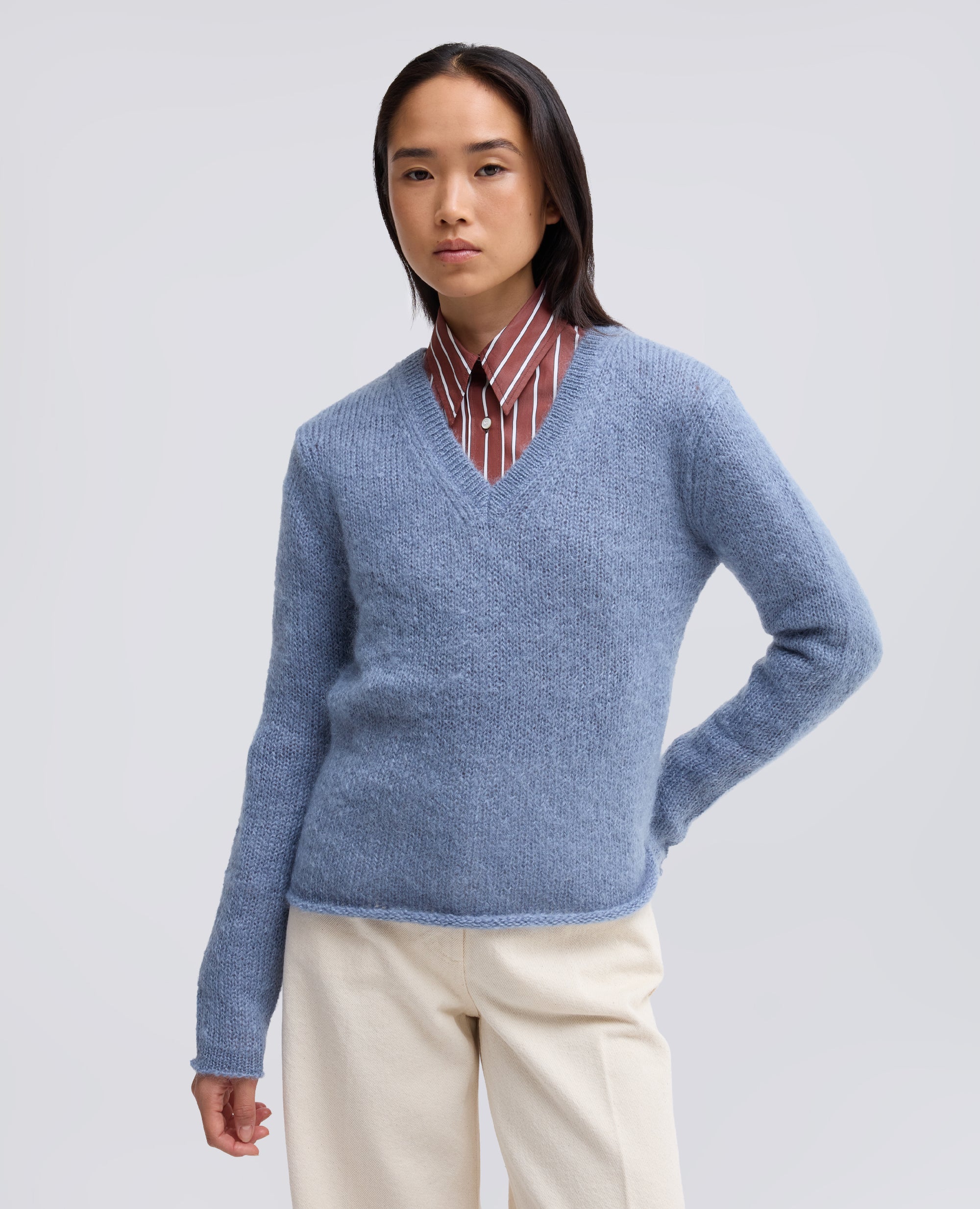 STRICKPULLOVER MIT V-AUSSCHNITT AUS MOHAIR UND WOLLE - AZZURRO - ASPESI