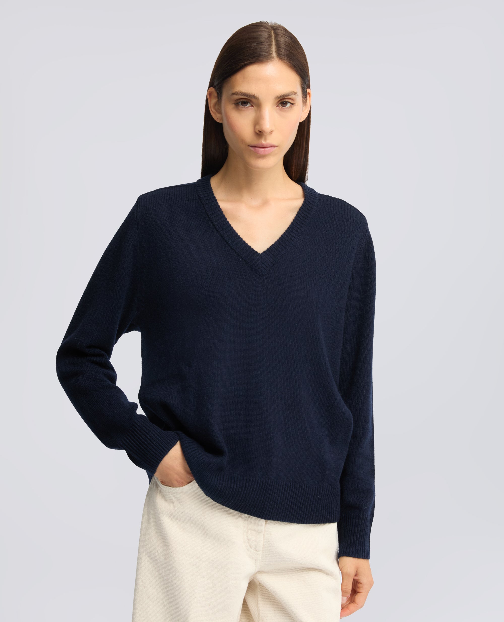 MAGLIA SCOLLO A -V- PROFONDO IN LANA, YAK E CASHMERE - NAVY - ASPESI