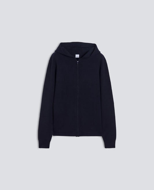 WOOL AND COTTON DOUBLE-BED YARN HOODED KNIT - BLACK NAVY