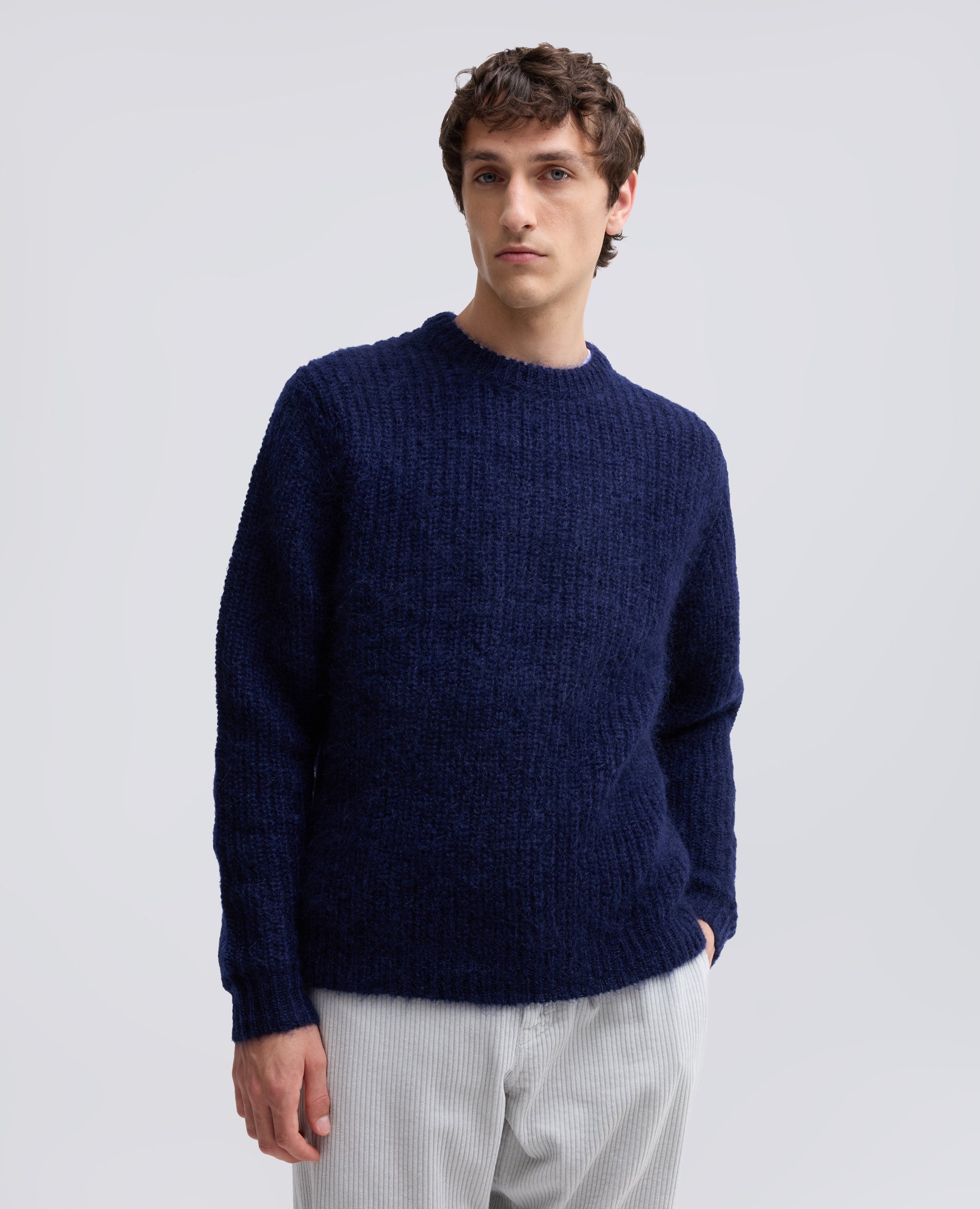 GERIPPTER RUNDHALS-STRICKPULLOVER AUS MOHAIR UND WOLLE - BLU - ASPESI