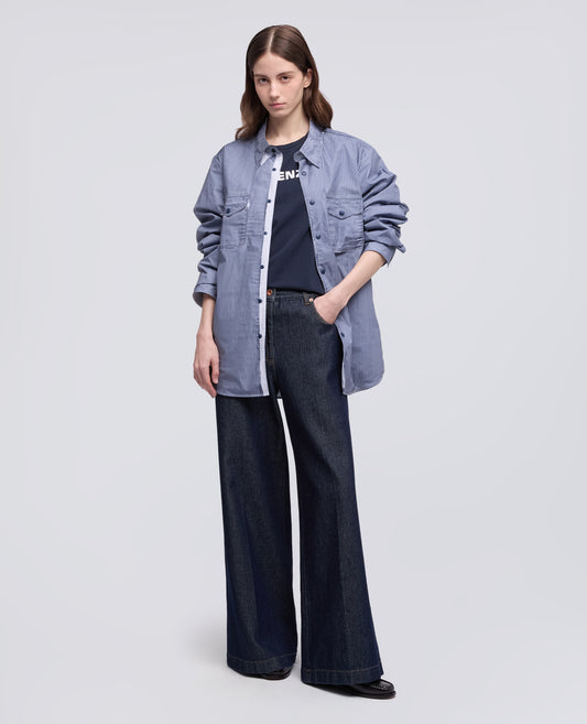 CAMICIA LIMITED EDITION NABA X ASPESI IN POPELINE DI COTONE RIGATO SPALMATO-RIGA BLU-BLUE STRIPE-RAYA AZUL OSCURO-BLAUE STREIFEN-RAYURES BLEUES