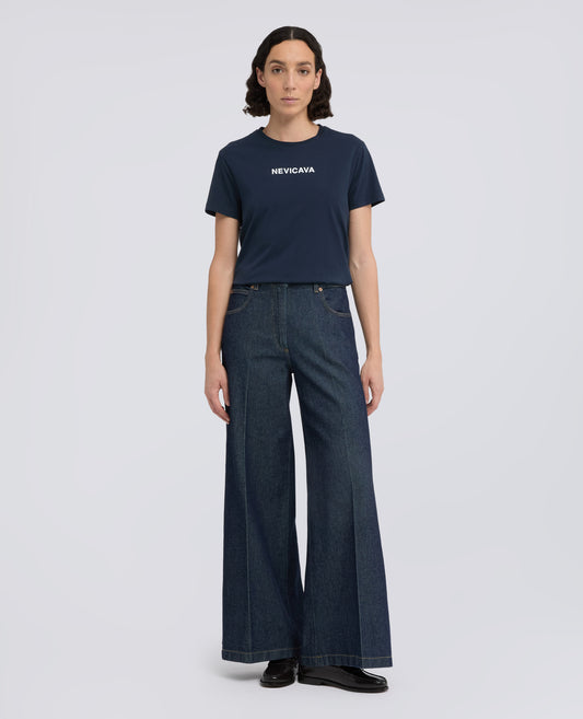 T-SHIRT IN JERSEY DI COTONE CON STAMPA -NEVICAVA- - NAVY
