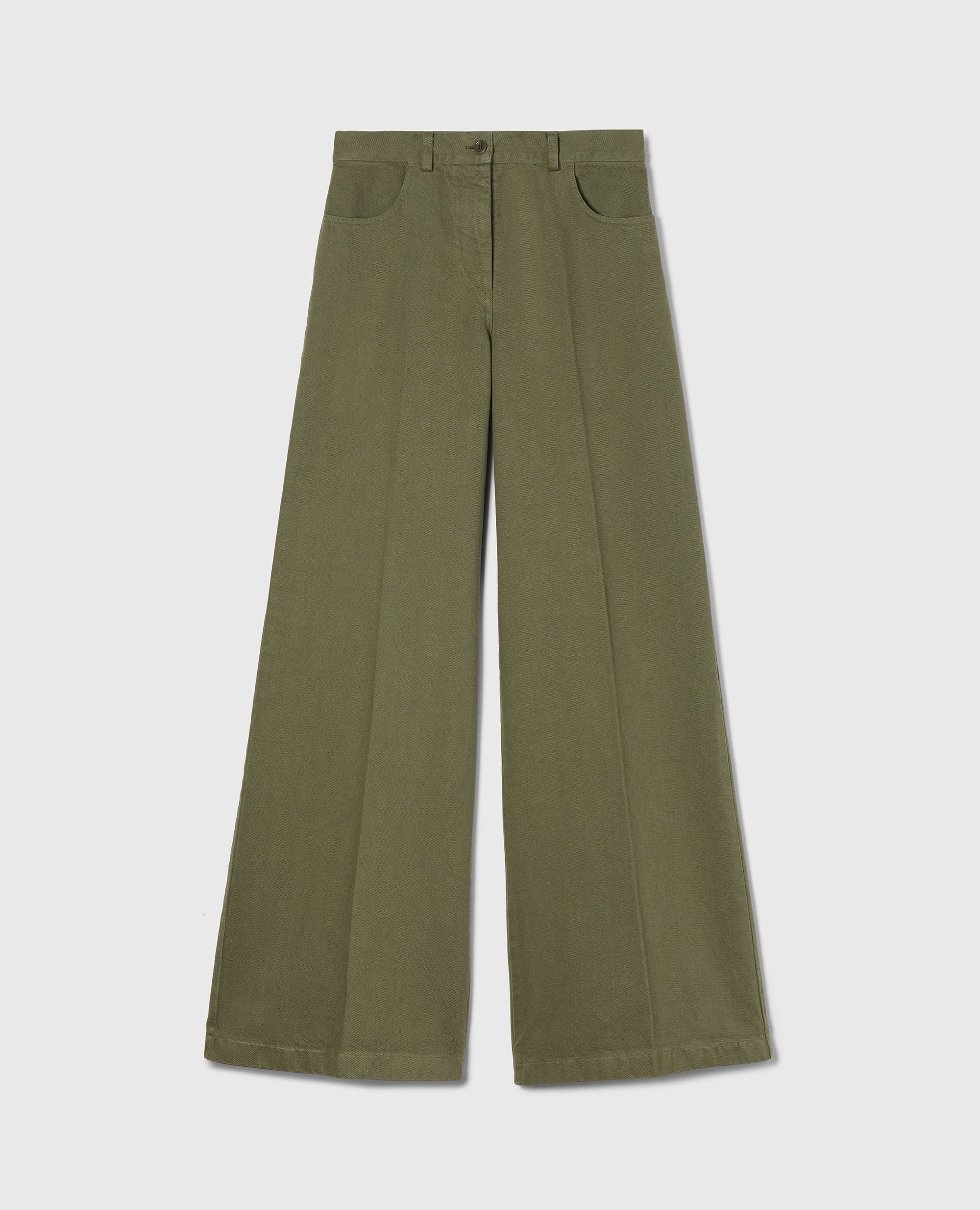 Pantalone Ampio a Vita Alta in Cotone-MILITARE-MILITARY-MILITAR-MILITAR-MILITAIRE