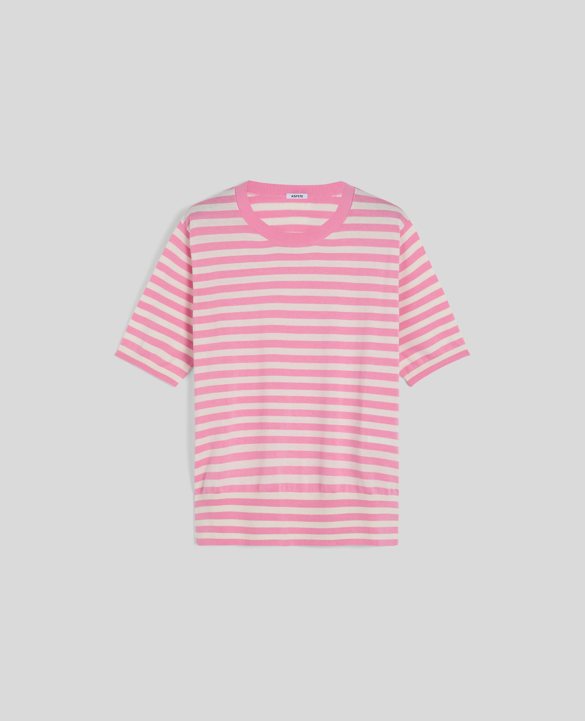 T-SHIRT IN MISTO COTONE, SETA E LINO-RIGA ROSA-PINK STRIPED-RAYA ROSA-STREIFEN ROSA-RAYURE ROSE